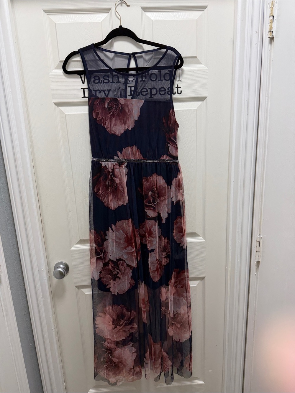 Navy Maxi Dress with Rose Floral Print and Sheer Yoke
